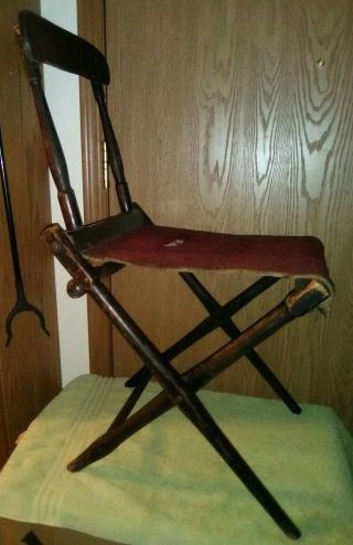 Antique Wood and Carpet Folding Chair for Covered Wagon Use 2