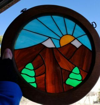 Stained Glass Round Sky Sun Trees Colorado Wood Frame Heavy Vintage 12.  5 "