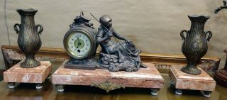 Antique French Mantel Clock Marble Base Bronze Figural Statue