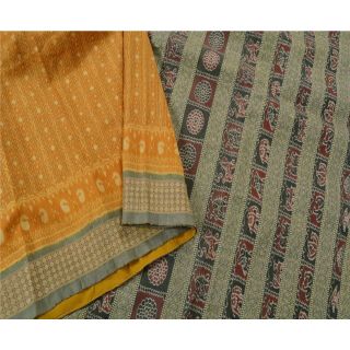 Sanskriti Vintage Saffron Saree Pure Silk Ikat Woven Patola Craft Fabric Sari