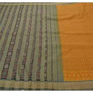 Sanskriti Vintage Saffron Saree Pure Silk Ikat Woven Patola Craft Fabric Sari 2