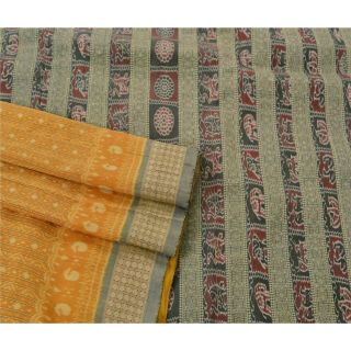 Sanskriti Vintage Saffron Saree Pure Silk Ikat Woven Patola Craft Fabric Sari 3