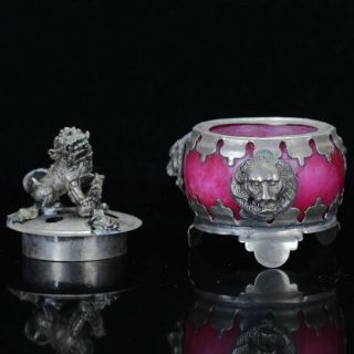Chinese Silver Copper Old Inlaid Jade Handwork Lion Incense Burner