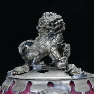 CHINESE SILVER COPPER OLD INLAID JADE HANDWORK LION INCENSE BURNER 3