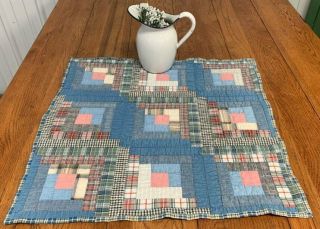 Americana Blue c 1900s Log Cabin QUILT Table Doll 24 x 25 Vintage 2