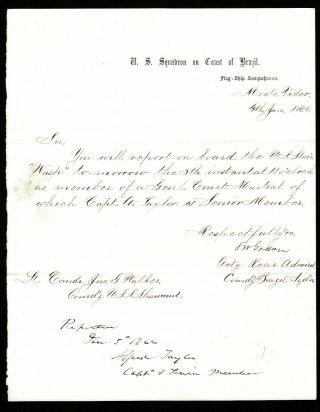 U.  S.  Navy In Brazil 1866 Admiral Godon & Taylor Signatures On Court Martial Doc.
