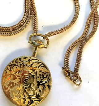 CHRISTIAN DIOR BULOVA ORNATE PENDANT NECKLACE WATCH POCKET GOLD PLATED VINTAGE 5