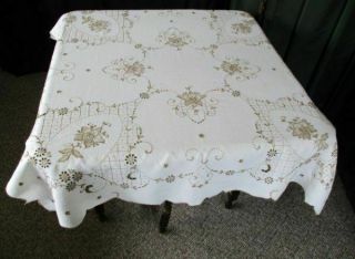ANTIQUE MADEIRA TABLECLOTH - HAND EMBROIDERED with FLOWERS 2