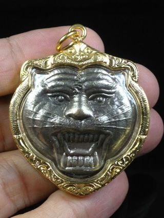 Thai Buddha Amulet Old Coin Tiger Shape Lp Parn Fetish Holy Powerful