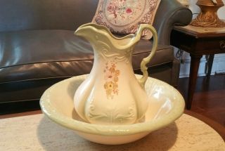 Vicrorian Ironstone England Green Floral Pitcher And Wash Basin Bowl Large