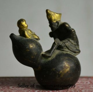 8CM Folk Old China Bronze Gilt Mad monk Chai gong Tongzi Boy Gourd Lucky Statue 4