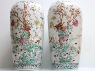 Maybe 19c Asian Hand - Painted Moriage Birds & Florals Flowers Porcelain Vase Pair