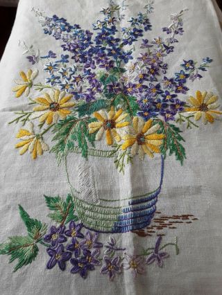 Antique Needlework Hand Embroidered On Linen Unfinished Vase Of Flowers