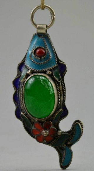 China Antiquehand - Carved Tibet Silver & Jade Cloisonne Fish Flower Pendant