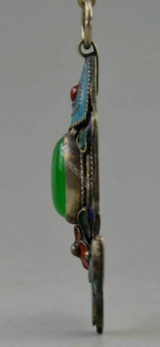 China antiquehand - carved Tibet Silver & Jade Cloisonne Fish Flower Pendant 2