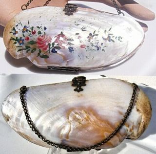 Antique French Shell Dance Chain Purse Victorian Mother Pearl Oyster Hp Roses