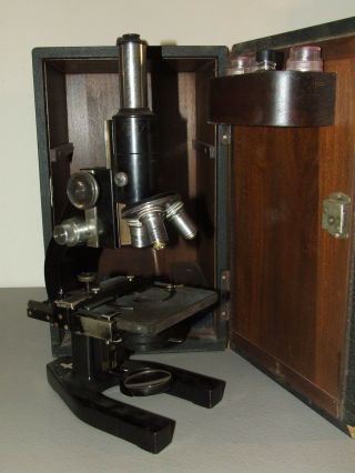 Antique Bausch & Lomb Cast Iron Laboratory Microscope With Case