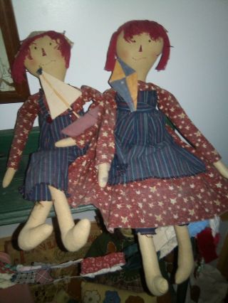 Set Of 2 Primitive Folk Art Rag Dolls Henry And Daisy