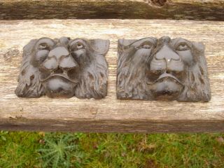 Pair 1920s Salvaged Carved Oak Lion Head Appliques Carvings,
