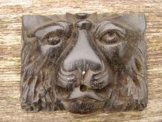 PAIR 1920s SALVAGED CARVED OAK LION HEAD APPLIQUES CARVINGS, 3