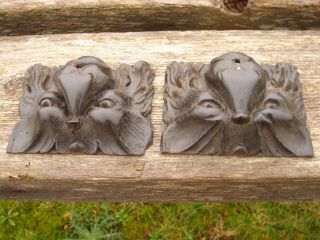 PAIR 1920s SALVAGED CARVED OAK LION HEAD APPLIQUES CARVINGS, 6