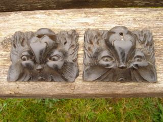 PAIR 1920s SALVAGED CARVED OAK LION HEAD APPLIQUES CARVINGS, 7