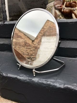 Vtg Art Deco Chrome Magnified Shaving Makeup Mirror On Folding Stand