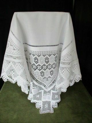 Antique Tablecloth - Hand Crochet Trim & Corners - Linen