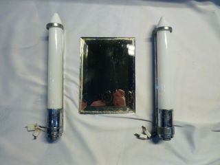 PAIR VINTAGE 1920 ' S ART DECO BATHROOM MILK GLASS & CHROME MIRROR WALL LIGHTS 6