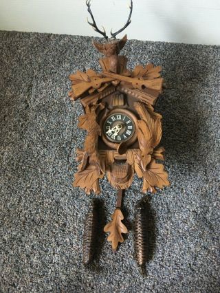 Vintage Black Forest Hunter Stag Deer Wood Carved Cuckoo Clock West Germany
