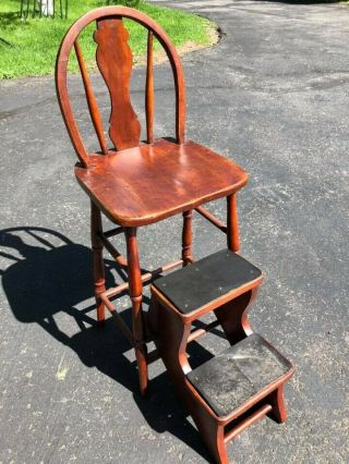 Cute Little Brown Pine And Leather Folding High Chair With Steps