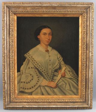 Antique American Civil War Period Folk Portrait,  Woman W/ Hand Fan Oil Painting