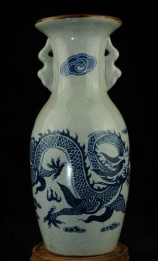 China Old Blue White Open Porcelain Hand - Made Dragon Vase /qianlong Mark Ac01a
