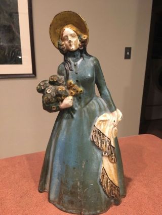 Old Rare Cast Iron Doorstop Woman With Flowers And Shawl