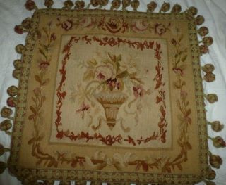 Vintage Very Old Hand Embroidered Floral Cushion With Tassles