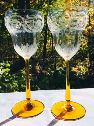 2 Vintage Clear Etched Crystal Bowls With Amber Stem,  Liqueur Glasses