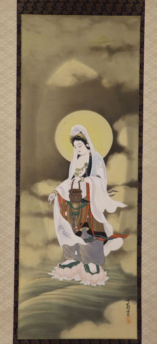 Japanese Hanging Scroll Art Painting Kannon Buddhism Asian Antique E7016