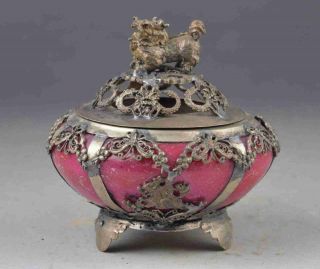 Exquisite Chinese Tibetan Silver Carving Kylin Inlay Jade Incense Burner B01