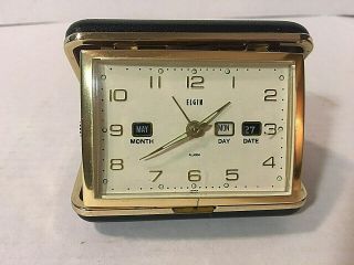 Vintage Elgin Travel Alarm Clock Month Day & Year Features