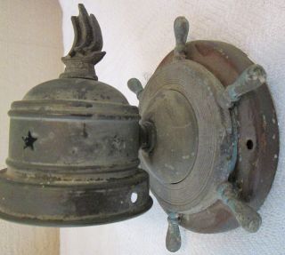 Antique Nautical Maritime Copper Ship & Helm Wheel Wall Sconce Light Fixture 4