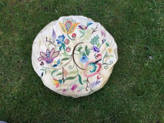 Pretty Vintage Silk Cushion Embroidered Crewel Work Design Floral Hand Stitch