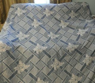 VINTAGE COVERLET/BED SPREAD/BED COVER 92X77 IN MACHINE KNITTED /ROSES IN BLUE 3
