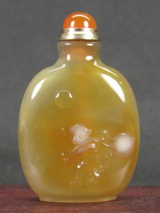 Chinese Small Monkey Peach Carved Natural Agate Snuff Bottle
