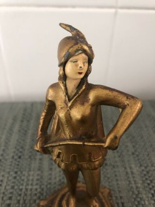 Antique Art Deco Hand Painted Metal Female Woman Robin Hood Warrior Statue 5