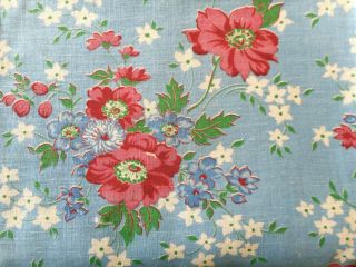 Antique Vtg.  Cottage Blossom Floral Cotton Fabric Blue Pink Red Green White