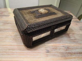 , Antique,  Large Chip Carved Tramp Art Folk Box / Cigar Chest / 6 Mirror C1900