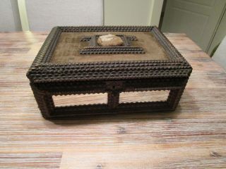, ANTIQUE,  LARGE Chip Carved Tramp Art folk Box / Cigar chest / 6 Mirror c1900 2