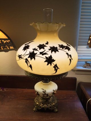 Vintage Antique Gone With The Wind Table Lamp Floral Applied Brass Glass Shades