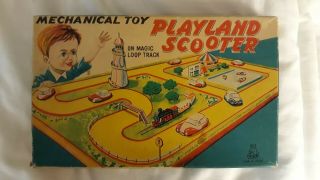 60 Year Old Nos T.  P.  S.  Tin Wind Up Mechanical Toy Playland Scooter Nib