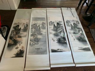 Set Of 4 Hand Painted Landscape Scrolls Signed